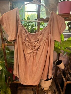 American Eagle Outfitters Mauve Lace-Up Smocked Scoop Neck Top